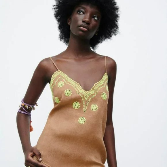 NWT Zara Embroidered Linen Slip Midi Dress size S - Picture 4 of 13